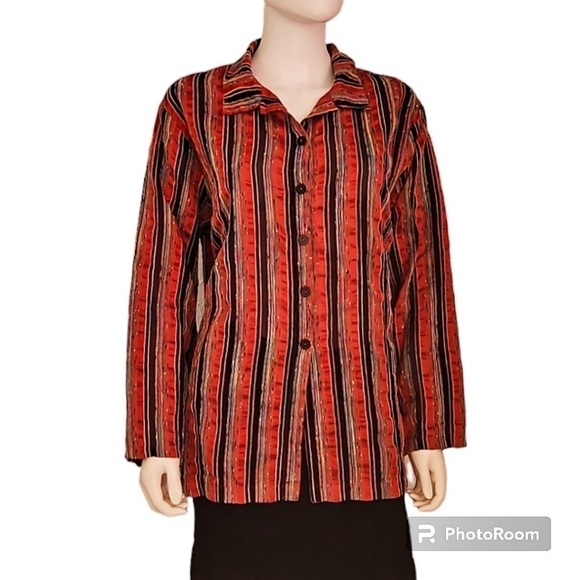 VTG CAROL TURNER Red Striped Lightweight Linen Button Down Shacket Shirt - Picture 1 of 8